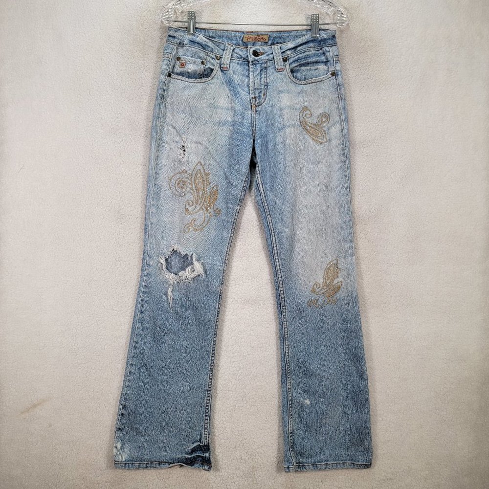 Vintage Y2K Paris Blues Embroidered Denim Stretch Rhinestone Flare Bootcut Jeans